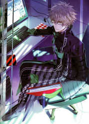 Rule 34 | 1boy, absurdres, amnesia (idea factory), coat, computer, glasses, gloves, green eyes, highres, kent (amnesia), official art, on chair, room, short hair, sitting