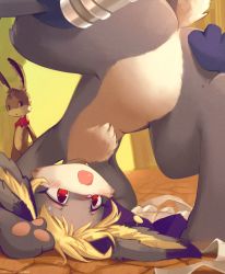 Rule 34 | 1girl, 2boys, :3, ancesra, animal ear fluff, animal hands, animal nose, apron, armpits, artist name, blonde hair, blue fur, blue headwear, blush, body fur, bracer, brown fur, capelet, completely nude, cornelius (odin sphere), flat chest, frilled apron, frills, furry, furry female, furry male, furry with furry, grey fur, hat, hetero, highres, indoors, leg lift, leg up, meril (odin sphere), multiple boys, no pussy, nude, odin sphere, open mouth, patreon username, pawpads, pooka (odin sphere), rabbit boy, rabbit ears, rabbit girl, rabbit tail, red capelet, red eyes, short hair, sidelocks, solo focus, spread legs, standing, sweat, two-tone fur, unworn apron, watermark, web address, white apron, white fur, wide-eyed