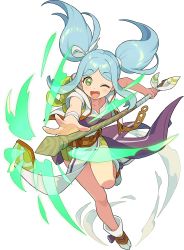 Rule 34 | 1girl, armband, arms up, artist request, aura, bandaged wrist, bandages, belt, blue hair, blush, boots, breasts, collarbone, cropped jacket, dress, fang, female focus, full body, green eyes, green shorts, hair ribbon, happy, highres, holding, holding staff, jacket, knees together feet apart, leaning forward, leg up, long hair, looking at viewer, makani (world flipper), non-web source, official art, one eye closed, open clothes, open jacket, open mouth, outstretched arm, parted bangs, pelvic curtain, reaching, reaching towards viewer, ribbon, short shorts, short sleeves, shorts, sidelocks, simple background, small breasts, smile, solo, staff, standing, standing on one leg, transparent background, twintails, white dress, white footwear, white jacket, white ribbon, wide-eyed, wink, world flipper
