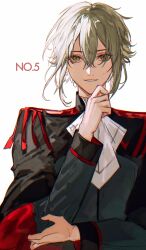 Rule 34 | 1boy, absurdres, ascot, black jacket, blonde hair, earrings, elan ceres, gundam, gundam suisei no majo, hair between eyes, hand to own mouth, highres, jacket, jewelry, long sleeves, looking at viewer, male focus, naoki (2rzmcaizerails6), parted lips, short hair, sidelocks, smile, solo, upper body, white ascot, white background