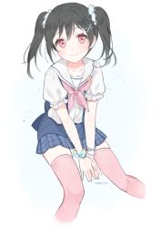 Rule 34 | 10s, 1girl, artist name, bad id, bad twitter id, black hair, bracelet, gradient background, hair ornament, hairclip, jewelry, looking at viewer, love live!, love live! school idol festival, love live! school idol project, marin (myuy 3), pink thighhighs, plaid, plaid skirt, red eyes, sailor collar, skirt, smile, solo, thighhighs, twintails, yazawa nico