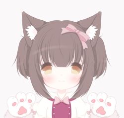 Rule 34 | 1girl, :3, aged down, animal ear fluff, animal ears, animal hands, bad id, bad twitter id, blush, bow, brown eyes, brown hair, cat ears, chocola (nekopara), commentary, eyes visible through hair, gloves, hair between eyes, hair ribbon, inactive account, looking at viewer, michikousagi, nekopara, paw gloves, pink ribbon, ribbon, short twintails, simple background, smile, solo, twintails, upper body, white background