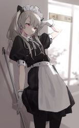 Rule 34 | 1girl, apron, arm up, black dress, black pantyhose, blush, closed mouth, collared dress, commentary request, dress, earrings, eyebrows hidden by hair, gloves, grey hair, highres, indoors, jewelry, long hair, looking away, maid, maid headdress, neck ribbon, original, pantyhose, pleated dress, popman3580, puffy short sleeves, puffy sleeves, purple eyes, ribbon, short sleeves, solo, standing, twintails, waist apron, white apron, white gloves, white ribbon