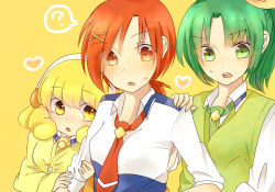 Rule 34 | 10s, 3girls, ?, arm hug, blonde hair, bow, cardigan, green eyes, green hair, green necktie, green sweater vest, hair bow, hair ornament, hairband, hairclip, hand on shoulder, heart, hino akane (smile precure!), kise yayoi, midorikawa nao, multiple girls, necktie, ponytail, precure, red eyes, red hair, school uniform, sleeves rolled up, smile precure!, sweater vest, tohobiyori, vest, white hairband, yellow eyes