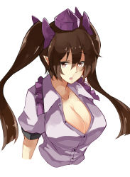 Rule 34 | 1girl, bow, breasts, brown eyes, brown hair, cleavage, deetamu, female focus, hair bow, hair ornament, hat, highres, himekaidou hatate, large breasts, long hair, looking at viewer, looking up, open mouth, pointy ears, puffy sleeves, shirt, short sleeves, simple background, solo, tokin hat, touhou, twintails, unbuttoned, upper body, white background