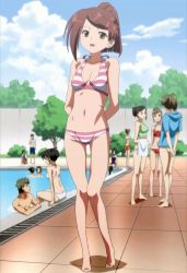 Rule 34 | 2boys, 6+girls, :d, arms behind back, bikini, breasts, brown hair, day, groin, hair ornament, hairclip, halterneck, highres, kissxsis, knees together feet apart, looking at viewer, lowleg, lowleg bikini, multiple boys, multiple girls, navel, open mouth, outdoors, pigeon-toed, pool, poolside, screencap, shadow, small breasts, smile, solo focus, standing, striped bikini, striped clothes, suminoe ako, swimsuit, thigh gap, thighs, tree, water