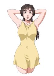 1girl antoniomalara armpits arms_behind_head arms_up black_hair blush blush_stickers breasts brown_hair closed_mouth highres initial_d long_hair looking_at_viewer medium_breasts satou_mako shirt skirt sleeveless sleeveless_shirt smile standing