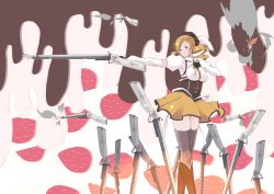 Rule 34 | 10s, 1girl, beret, blonde hair, boots, breasts, detached sleeves, drill hair, female focus, field of blades, fingerless gloves, firing, gloves, gun, hair ornament, hairpin, hat, highres, magical girl, magical musket, mahou shoujo madoka magica, mahou shoujo madoka magica (anime), pleated skirt, puffy sleeves, ribbon, rifle, short hair, skirt, solo, striped clothes, striped thighhighs, thighhighs, tomoe mami, tumekui, vertical-striped clothes, vertical-striped thighhighs, weapon, witch&#039;s labyrinth, yellow eyes, zettai ryouiki