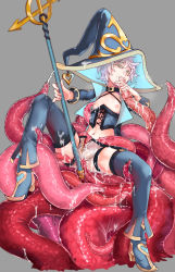 Rule 34 | 1boy, androgynous, awii, choker, colored eyelashes, crossdressing, fellatio, full body, green eyes, grey background, hat, heart, high heels, male focus, navel, nipples, oral, original, simple background, solo, tentacles, tentacles on male, thighhighs, trap, weapon, white hair, witch hat, zettai ryouiki