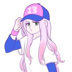 Rule 34 | 13-amp, 1girl, :o, artist request, baseball cap, eyelashes, gradient hair, green eyes, hat, lips, long hair, looking at viewer, multicolored hair, nintendo, parted lips, simple background, solo, uneven eyes, very long hair, warioware, white background, wristband