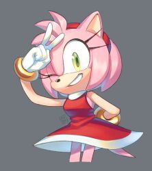 Rule 34 | 1girl, amy rose, animal ears, animal nose, artist name, bare shoulders, blush, bracelet, breasts, dress, eyelashes, furry, furry female, gloves, gold bracelet, green eyes, grey background, hairband, hand up, hedgehog ears, hedgehog girl, hedgehog tail, highres, jewelry, kiioki11, looking at viewer, medium breasts, one eye closed, pink fur, red dress, red hairband, simple background, sleeveless, sleeveless dress, smile, solo, sonic (series), standing, tail, teeth, v, white gloves