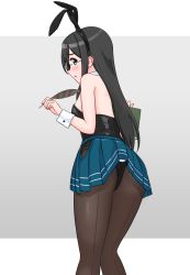 Rule 34 | 1girl, animal ears, ass, black hair, black leotard, black pantyhose, blue skirt, book, breasts, bunny day, commentary request, detached collar, from behind, geometrie, green eyes, kantai collection, leotard, long hair, looking at viewer, looking back, ooyodo (kancolle), pantyhose, playboy bunny, pleated skirt, quill, rabbit ears, rabbit tail, semi-rimless eyewear, skirt, small breasts, solo, strapless, strapless leotard, tail, under-rim eyewear, wrist cuffs