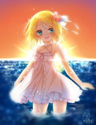 Rule 34 | 1girl, 2017, amane (amnk1213), artist name, backlighting, bare arms, bare shoulders, blonde hair, blue eyes, blurry, blush, dated, depth of field, dress, flat chest, flower, frilled dress, frills, hair flower, hair ornament, hair ribbon, highres, kagamine rin, light particles, light rays, looking at viewer, ocean, open mouth, partially submerged, ribbon, see-through silhouette, short dress, short hair, signature, smile, solo, spaghetti strap, sparkle, sun, sunbeam, sunburst, sundress, sunlight, sunset, vocaloid, wading, water, water drop, yamaha