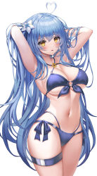 Rule 34 | 1girl, absurdres, ahoge, armpits, arms behind back, arms up, bikini, blue bikini, blue hair, blue ribbon, blush, breasts, cleavage, cowboy shot, criss-cross halter, flower, hair flower, hair ornament, halterneck, hands in hair, heart, heart ahoge, highres, hololive, large breasts, long hair, looking at viewer, navel, o-ring, o-ring bikini, o-ring top, parted lips, ribbon, seemu (wnslqjdignv ), side-tie bikini bottom, simple background, smile, solo, stomach, swimsuit, thigh strap, underboob, very long hair, virtual youtuber, white background, white flower, yellow eyes, yukihana lamy