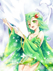 Rule 34 | 1girl, blush, breasts, cleavage, detached sleeves, dragon, dress, earrings, final fantasy, final fantasy iv, green eyes, green hair, hair ornament, jewelry, long hair, mist dragon, aged up, one eye closed, open mouth, rydia (ff4), shirataki kaiseki, smile