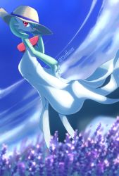 Rule 34 | 1girl, adjusting clothes, adjusting headwear, artist name, blue background, blue sky, bob cut, cloud, colored skin, creatures (company), day, dutch angle, female focus, field, flat chest, flower, flower field, from behind, game freak, gardevoir, gen 3 pokemon, green hair, green skin, hand up, hat, highres, lavender (flower), leaning forward, looking at viewer, multicolored skin, nintendo, open mouth, outdoors, pokemon, pokemon (creature), purple flower, red eyes, short hair, signature, sky, solo, standing, straw hat, tsukkon, twitter username, two-tone skin, white skin
