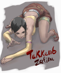 Rule 34 | 1girl, all fours, black hair, character name, copyright name, detached sleeves, elbow gloves, face, gloves, high heels, jewelry, lots of jewelry, nail polish, namco, open shoes, purple nails, red eyes, sandals, shoes, short hair, tea (nakenashi), tekken, zafina, zafina (tekken)