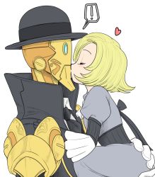 Rule 34 | !, 1boy, 1girl, aged down, android, atelierssm, battleborn, black necktie, black ribbon, blonde hair, bow, bowler hat, closed eyes, commentary request, dress, dress shirt, flat color, from side, grey dress, hat, heart, hetero, highres, juliet sleeves, kiss, korean text, lifting person, long dress, long sleeves, marquis (battleborn), necktie, phoebe (battleborn), puffy sleeves, ribbon, robosexual, robot, shirt, short hair, simple background, speech bubble, surprised, white background, white shirt, wing collar