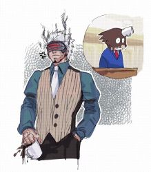 Rule 34 | 1boy, ace attorney, anger vein, annoyed, beard, black eyes, black pants, blue jacket, brown vest, closed mouth, coffee, collared shirt, constricted pupils, cowboy shot, cup, dark-skinned male, dark skin, earrings, facial hair, formal, godot (ace attorney), godzillapigeon1, green shirt, halftone, hand in pocket, highres, holding, holding cup, jacket, jewelry, male focus, mask, mug, multiple earrings, necktie, object on head, outline, pants, phoenix wright, phoenix wright: ace attorney - trials and tribulations, pinstripe pattern, pinstripe vest, red necktie, shirt, short hair, sketch, smoke, solo focus, spilling, striped, suit, vest, white background, white hair, white necktie, white outline, you&#039;re doing it wrong