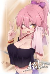 Rule 34 | 1girl, ;d, bespectacled, blush, bow, breasts, breath, character name, cleavage, collarbone, crop top, glasses, hair between eyes, hair bow, halterneck, highres, idolmaster, idolmaster cinderella girls, idolmaster cinderella girls starlight stage, jougasaki mika, large breasts, looking at viewer, midriff, navel, off-shoulder shirt, off shoulder, one eye closed, open mouth, pink hair, ponytail, shirt, smile, solo, sweat, towel, try (lsc), tsurime, v, wristband, yellow eyes