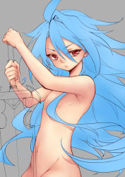 Rule 34 | 10s, 1boy, blue hair, colorized, future card buddyfight, grey background, long hair, looking at viewer, male focus, monochrome, navel, nude, red eyes, ryuuenji tasuku, simple background, solo, sword, tobi (one), unfinished, very long hair, weapon