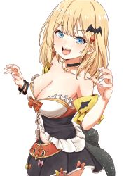 Rule 34 | 1girl, absurdres, arm garter, bare shoulders, bat hair ornament, black choker, black dress, black skirt, blonde hair, blue eyes, blush, bow, breasts, choker, cleavage, collarbone, commentary request, cosplay, costume switch, cowboy shot, dress, fang, frills, fuusuke (fusuke208), hair ornament, highres, hololive, hololive english, lips, looking at viewer, medium breasts, medium hair, midriff, miniskirt, navel, off-shoulder dress, off shoulder, open mouth, plaid, plaid skirt, pleated skirt, red bow, shirt, simple background, skirt, smile, solo focus, star (symbol), star choker, virtual youtuber, watch, watson amelia, white background, white shirt, wristband, yozora mel, yozora mel (1st costume), yozora mel (cosplay)