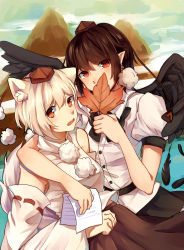 Rule 34 | 2girls, abstract background, animal ear fluff, animal ears, arm around shoulder, armpit crease, bai li ji yun, belt, bird wings, black neckwear, black skirt, breasts, brown hair, brown skirt, chinese commentary, commentary request, covering own mouth, detached sleeves, fang, feather fan, feathered wings, feathers, hand fan, hat, high collar, highres, holding, holding fan, holding paper, inubashiri momiji, large breasts, looking at viewer, mountain, multiple girls, open mouth, orange eyes, outdoors, paper, pointy ears, pom pom (clothes), puffy short sleeves, puffy sleeves, red eyes, ribbon, ribbon-trimmed sleeves, ribbon trim, shameimaru aya, shirt, short hair, short sleeves, skirt, sky, tail, teeth, tokin hat, touhou, untucked shirt, upper teeth only, water, white hair, white shirt, wings, wolf ears, wolf tail