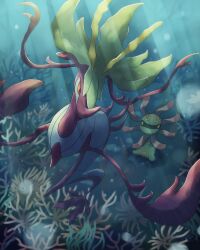 Rule 34 | absurdres, alternate color, animal focus, commentary request, coral reef, cradily, creatures (company), dragalge, game freak, gen 3 pokemon, gen 6 pokemon, highres, kelp, light rays, nintendo, no humans, pokemon, pokemon (creature), red eyes, shiny pokemon, sunbeam, sunlight, tail, tentacles, underwater, yellow eyes, yu (pocketsun636)