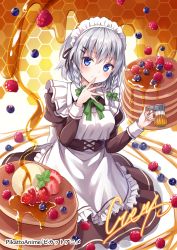 Rule 34 | 1girl, alternate costume, apron, blue eyes, blueberry, blush, bow, braid, brown dress, dress, finger to mouth, food, frilled apron, frills, fruit, green bow, hair bow, hair ornament, hairclip, highres, holding, honey, honeycomb (pattern), izayoi sakuya, juliet sleeves, kure~pu, long sleeves, looking at viewer, maid, maid apron, maid headdress, mint, neck ribbon, pancake, puffy sleeves, raspberry, ribbon, short hair, side braid, signature, silver hair, sitting, solo, pancake stack, strawberry, touhou, twin braids