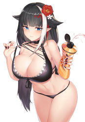 Rule 34 | 1girl, alternate breast size, azur lane, bare shoulders, bikini, black bikini, black hair, black nails, blue eyes, breasts, btraphen, choker, cleavage, collarbone, cowboy shot, deutschland (azur lane), deutschland (service time?!) (azur lane), flower, front-tie bikini top, front-tie top, hair flaps, hair flower, hair ornament, hands up, highres, holding, large breasts, leaning forward, long hair, looking at viewer, lotion bottle, mole, multicolored hair, nail polish, navel, pointy ears, red flower, red hair, sidelocks, simple background, skindentation, solo, squeezing, standing, stomach, strap pull, streaked hair, sweat, swimsuit, thighs, very long hair, white background, white hair