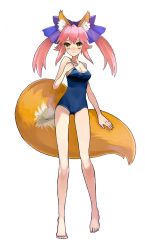Rule 34 | 10s, 1girl, animal ear fluff, animal ears, barefoot, blush, breasts, cleavage, fate/extra, fate (series), fox ears, fox tail, full body, hair between eyes, hair ribbon, legs, medium breasts, official alternate costume, official art, one-piece swimsuit, pink hair, ribbon, school swimsuit, solo, standing, swimsuit, tail, tamamo (fate), tamamo no mae (fate/extra), transparent background, twintails, wada arco, yellow eyes