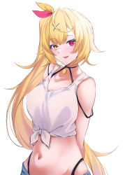 Rule 34 | 1girl, absurdres, arms behind back, bare shoulders, black panties, blonde hair, breasts, closed mouth, commentary request, crop top, front-tie top, hair ornament, hair ribbon, heterochromia, highleg, highleg panties, highres, hoshikawa sara, hoshikawa sara (1st costume), long hair, medium breasts, navel, nijisanji, panties, red eyes, ribbon, side ponytail, simple background, smile, solo, tank top, tongue, tongue out, underwear, upper body, very long hair, virtual youtuber, white background, white tank top, x hair ornament, yellow eyes, yuki maccha (yukimattya10)
