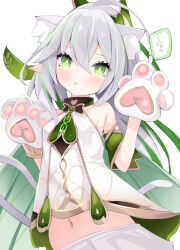 Rule 34 | 1girl, :o, animal ear fluff, animal ears, animal hands, bare shoulders, bloomers, blush, breasts, cat ears, cat girl, cat tail, cisyo, commentary request, cross-shaped pupils, dress, genshin impact, gloves, green eyes, green hair, grey hair, hair between eyes, hands up, highres, kemonomimi mode, long hair, looking at viewer, multicolored hair, nahida (genshin impact), navel, parted lips, paw gloves, simple background, small breasts, solo, streaked hair, symbol-shaped pupils, tail, translation request, underwear, very long hair, white background, white bloomers, white dress, white gloves