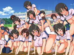 Rule 34 | 1boy, 6+girls, ahegao, all fours, black eyes, black hair, blue eyes, blush, breasts, breasts apart, breasts out, building, buruma, clenched teeth, clothes lift, cloud, covered erect nipples, dark skin, day, furitendou, gym uniform, hanging breasts, heart, heart-shaped pupils, highres, human pyramid, large areolae, large breasts, legs, legs apart, medium breasts, multiple girls, nipples, open mouth, outdoors, pink eyes, red eyes, saliva, school, see-through, shirt lift, short hair, sky, smile, sweat, symbol-shaped pupils, tears, teeth, thighhighs, thighs, tongue, tongue out, yellow eyes