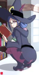 Rule 34 | 1girl, absurdres, black dress, black footwear, blue hair, book, boots, choker, chris re5, crescent, dress, full body, glasses, hair over shoulder, hat, hat feather, highres, holding, holding book, hood, knee boots, little witch academia, luna nova school uniform, reading, red eyes, school uniform, signature, smile, solo, sparkle, squatting, ursula callistis, witch, witch hat