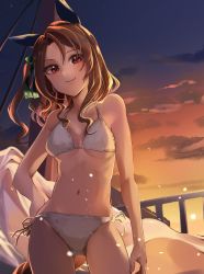 Rule 34 | 1girl, animal ears, bikini, bow, breasts, brown hair, cloud, commentary request, contrapposto, cowboy shot, ear covers, gradient sky, hair bow, hand on own hip, highres, horse ears, horse girl, horse tail, kakuteru sudachi, king halo (umamusume), long hair, looking at viewer, medium breasts, red eyes, sky, solo, standing, sunset, swimsuit, tail, umamusume, white bikini
