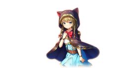 Rule 34 | 1girl, animal hood, blue dress, blue eyes, blush, bow, bracelet, braid, brown hair, cape, cat hood, dress, girls symphony, hand up, highres, hood, hooded cape, jewelry, keyboard print, looking at viewer, medium hair, official art, red bow, skirt hold, solo, transparent background, twin braids