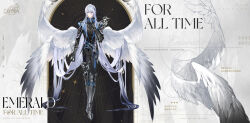 Rule 34 | 1boy, absurdly long hair, alternate costume, angel wings, arm at side, armor, armored boots, belt, black background, black footwear, black gloves, black hair, black jacket, black pants, black wings, blue belt, blue gemstone, blue shirt, boots, bracer, cael anselm, character name, character sheet, chess piece, chinese text, clenched hand, closed mouth, copyright name, dangle earrings, earrings, english text, faulds, feathered wings, full body, gem, gloves, gradient hair, gradient wings, hair between eyes, hair flowing over, hand up, highres, holding, holding chess piece, jacket, jewelry, lapels, long bangs, long hair, long sleeves, looking at viewer, lovebrush chronicles, male focus, multicolored hair, multicolored wings, multiple wings, notched lapels, official art, pants, pauldrons, pinstripe jacket, pinstripe pattern, purple eyes, shirt, shoulder armor, shoulder pads, single earring, single pauldron, smile, solo, standing, straight-on, sunburst, vambraces, very long hair, white background, white hair, white wings, wings