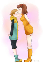 Rule 34 | 10s, 1boy, 1girl, arms behind back, bare shoulders, blush, boots, breasts, brown hair, couple, diane (nanatsu no taizai), closed eyes, kissing forehead, fur boots, fur trim, height difference, hetero, hood, jacket, king (nanatsu no taizai), kiss, kissing forehead, knee boots, long sleeves, nanatsu no taizai, orange shirt, ribbed sweater, shirt, short hair, shorts, surprised, sweater, tattoo, tsukim7, turtleneck, twintails, twitter username