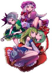Rule 34 | 4girls, ass, capelet, cheek-to-cheek, convenient leg, crescent, detached sleeves, dress, eye contact, frills, front ponytail, full body, green eyes, green hair, grey eyes, hair ornament, hair ribbon, hairband, hat, heads together, hitodama, hug, japanese clothes, kagiyama hina, katana, kochiya sanae, konpaku youmu, konpaku youmu (ghost), light purple hair, loafers, long hair, long sleeves, looking at another, looking at viewer, miko, mob cap, multiple girls, one eye closed, open mouth, patchouli knowledge, puffy sleeves, purple eyes, red dress, ribbon, shirt, shoes, short sleeves, silver hair, simple background, skirt, skirt set, smile, snake hair ornament, socks, striped clothes, striped dress, sword, thupoppo, touhou, tress ribbon, vest, weapon, white background, wide sleeves
