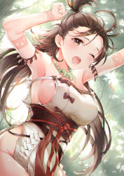 Rule 34 | 1girl, armpits, arms up, backlighting, bare shoulders, blush, body markings, breasts, brown eyes, brown hair, dress, facial mark, fate/grand order, fate (series), forehead, forehead mark, forest, higeneko, highres, himiko (fate), himiko (first ascension) (fate), jewelry, large breasts, long hair, looking at viewer, magatama, magatama necklace, nature, necklace, no bra, no panties, one eye closed, open mouth, sash, side slit, sideboob, thighs, topknot, tree, twintails, white dress