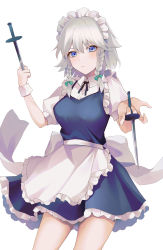 Rule 34 | 1girl, absurdres, apron, black neckwear, black ribbon, blue dress, blue eyes, blush, bow, braid, breasts, closed mouth, cowboy shot, dress, dual wielding, expressionless, foreshortening, frills, green bow, hair between eyes, hair bow, hair ribbon, hand up, highres, holding, holding knife, izayoi sakuya, knife, koizumo, large breasts, looking at viewer, maid headdress, petticoat, puffy short sleeves, puffy sleeves, ribbon, short hair with long locks, short sleeves, side braids, silver hair, simple background, solo, throwing knife, touhou, tress ribbon, twin braids, waist apron, weapon, white apron, white background, white headwear, wing collar