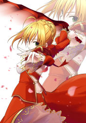 Rule 34 | 10s, 1girl, absurdres, aestus estus, ahoge, blonde hair, butt crack, fate/extra, fate (series), green eyes, highres, looking at viewer, mu- (tel445566), nero claudius (fate), nero claudius (fate) (all), nero claudius (fate/extra), petals, short hair, simple background, smile, solo, sword, weapon, white background, zoom layer