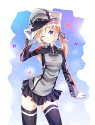 Rule 34 | 10s, bad id, bad pixiv id, black legwear, blonde hair, blue eyes, bug, butterfly, flower, gloves, hair ribbon, hat, heart, insect, kantai collection, low twintails, one eye closed, prinz eugen (kancolle), priyaphr, ribbon, skirt, smile, solo, twintails, uniform