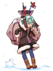 Rule 34 | 1girl, animal ears, blowing, blue bow, boots, bow, brown footwear, dog ears, closed eyes, full body, fur trim, green hair, highres, kasodani kyouko, party horn, polka dot, red bow, snow, snowing, snowman, solo, standing, striped, touhou, white background, yoruny