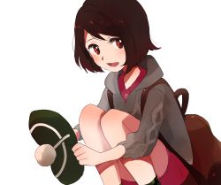 Rule 34 | 1girl, :d, backpack, bag, brown hair, creatures (company), game freak, gloria (pokemon), green hat, grey sweater, hat, holding, holding clothes, holding hat, hood, hood down, hooded sweater, looking at viewer, miniskirt, nintendo, ochappa, open mouth, pokemon, pokemon swsh, red eyes, red shirt, red skirt, shirt, short hair, simple background, sitting, skirt, smile, solo, sweater, swept bangs, unworn hat, unworn headwear, white background