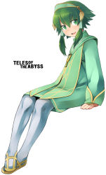 Rule 34 | 00s, 1boy, androgynous, bad id, bad pixiv id, blush, copyright name, english text, engrish text, green eyes, green hair, hair tubes, heisa, ion (tales), male focus, matching hair/eyes, pantyhose, ranguage, short hair, short hair with long locks, solo, tales of (series), tales of the abyss, white background