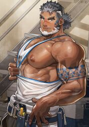 Rule 34 | 1boy, abs, arm hair, arm tattoo, bara, beard, blue eyes, chest hair, commentary request, facial hair, highres, indie virtual youtuber, kaito navigator, looking at viewer, male focus, mixed-language commentary, multicolored hair, muscular, muscular male, mustache stubble, nipples, pectorals, ponytail, scar, scar on face, scar on nose, smile, stubble, sweat, tank top, tattoo, tongue, tongue out, tool belt, veins, veiny arms, very sweaty, wasp (anthyutena), white tank top