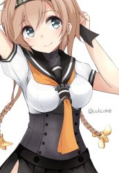 Rule 34 | 10s, 1girl, arm behind head, arm up, artist name, blue eyes, blush, braid, breasts, brown hair, closed mouth, colis (regunm772), hairband, kantai collection, long hair, looking away, looking up, neckerchief, ribbon, sailor collar, shirt, short sleeves, simple background, smile, solo, teruzuki (kancolle), twin braids, twitter username, white background