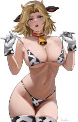 1girl :o alternate_costume animal_ears animal_print artist_name bare_shoulders bell bikini blonde_hair blue_eyes blush breasts cleavage clothes_lift collar collarbone commentary cow_ears cow_ears_hairband cow_horns cow_print cow_print_bikini cow_print_gloves cow_print_thighhighs cowbell cowboy_shot curtained_hair dot_nose english_commentary fake_animal_ears fake_horns gloves groin hairband hands_up highleg highleg_bikini highres horns kalennoir large_breasts looking_at_viewer marvel marvel_rivals medium_hair navel open_mouth pink_lips print_bikini print_gloves print_thighhighs raised_eyebrow red_collar signature simple_background skindentation solo standing strap_lift sue_storm swimsuit teeth thick_thighs thigh_gap thighhighs thighs upper_teeth_only white_background white_hairband wide_hips